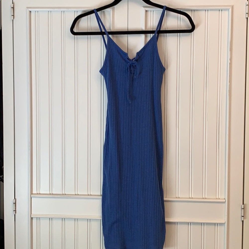 TOPSHOP ribbed blue tie front dress